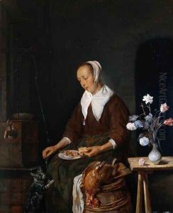 Woman Eating and Feeding her Cat by Gabriel Metsu