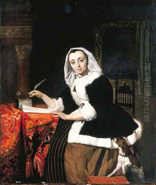 An elegant lady writing at her desk, with a dog beside her - view 1