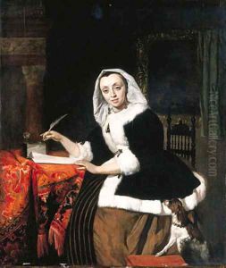 An elegant lady writing at her desk, with a dog beside her by Gabriel Metsu