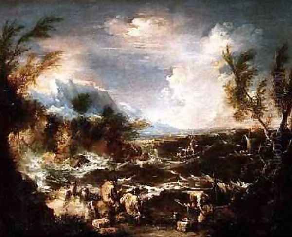 Rocky Coast in a storm with hermit monks receiving stores - view 1