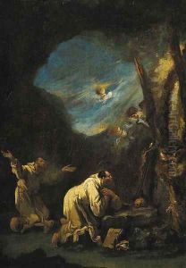 A stormy landscape with Carthusian monks praying at a shrine, angels in the sky beyond by Alessandro Magnasco