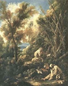 Two monks praying in a landscape by Alessandro Magnasco