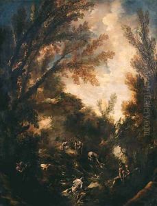Wooded landscapes with washerwomen and anglers