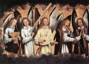 Angel Musicians (left panel) 1480s by (manner of) Memling, Hans
