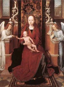 Virgin and Child Enthroned with Two Angels 1485-90 by (manner of) Memling, Hans