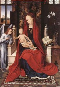 Virgin Enthroned with Child and Angel c. 1480 by (manner of) Memling, Hans