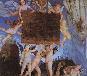 Camera degli Sposi, detail featuring Putti Holding Dedicatory Tablet by Andrea Mantegna