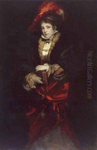 Portrait Of A Lady With Red Plumed Hat by Hans Makart