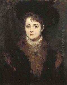 Portrait of a lady in a black hat and a fur trimmed coat by Hans Makart
