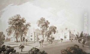 View of the Farm House with Screen to Stables and Farm buildings to Sezincote House