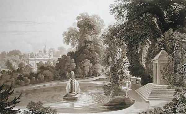 View of the Temple of Suryah and the Fountain of Mahah Doo with a distant view of the north side of the Mansion House - view 1