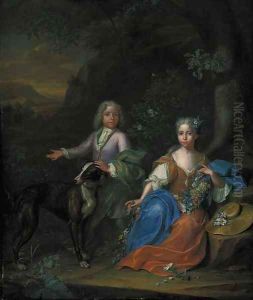 Double portrait of a boy and a girl, small full-length, with a greyhound in a wooded landscape