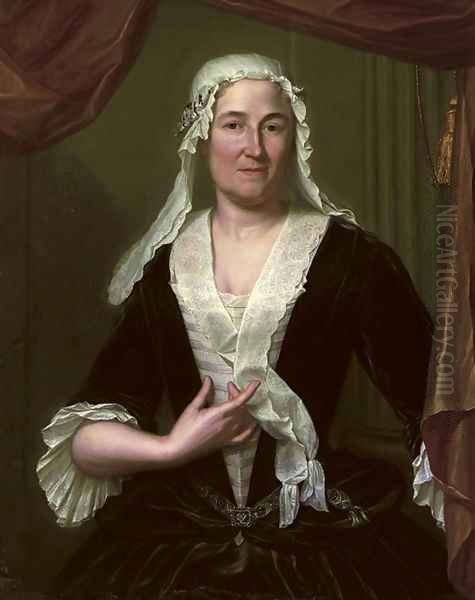 Portrait of a lady, half-length, in a dark green velvet dress and white chemise, wearing a white headdress - view 1