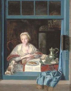 A lady sitting at a table with a dog at an open window by Heroman Van Der Mijn