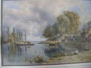 Extensive River Landscape With Figures In A Ferry Boat And Fishing