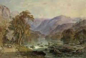 A Herd Of Sheep Passing Along A River In An Extensive Mountainouslandscape