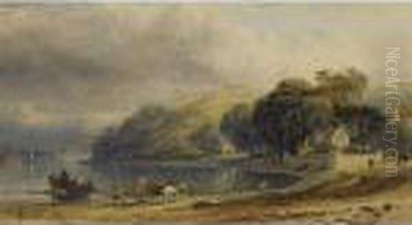 A Lakeside Landscape, Figures Repairing A Boat In The Foreground - view 1