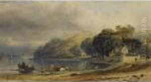 A Lakeside Landscape, Figures Repairing A Boat In The Foreground by George Arthur Fripp