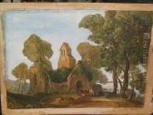 Shepherd And Cattle Before Abbey Ruins, The Coast Beyond by George Arthur Fripp