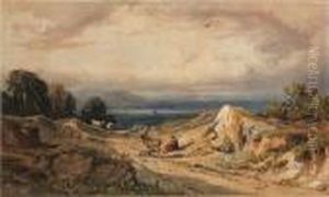 A Woman And Her Donkey Resting In An Extensive Landscape by George Arthur Fripp