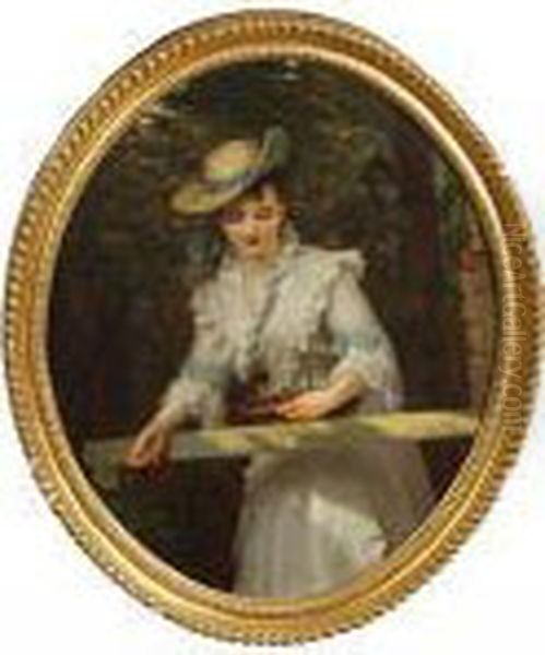 A Young Lady Wearing A White 
Dress And Straw Hat With Green Ribbon And Carrying A Basket, Standing 
Before Woodland - view 1