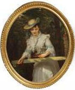 A Young Lady Wearing A White
Dress And Straw Hat With Green Ribbon And Carrying A Basket, Standing
Before Woodland by William Powell Frith