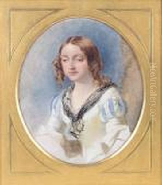 Study Of A Girl, Half Length In A
White Dresswith Blue Striped Sleeves And A Black Lace Scarf - view 1