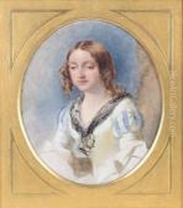 Study Of A Girl, Half Length In A
White Dresswith Blue Striped Sleeves And A Black Lace Scarf by William Powell Frith