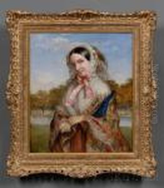 Fashionable Woman In A Paisley Shawl In A Riverscape - view 1