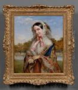 Fashionable Woman In A Paisley Shawl In A Riverscape by William Powell Frith