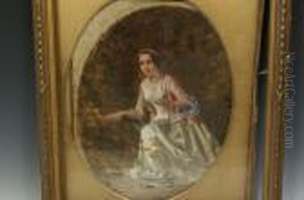 Elegant Lady, In 18th Century Dress, Crouching Behind Foliage - view 1