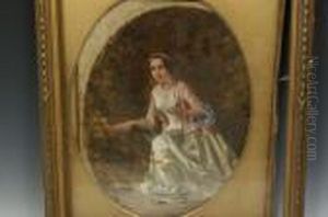 Elegant Lady, In 18th Century Dress, Crouching Behind Foliage by William Powell Frith