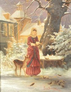 Woman In Red Feeding The Animals by Eugene Fromentin