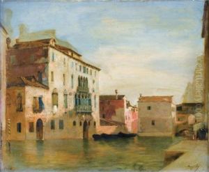 Vue D'un Canal A Venise [ ; View
 Of A Canal In Venice ; Oil On Panel Signed Lower Right Eug.fr]