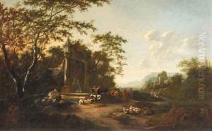Shepherds with cattle and sheep by a fountain in an Italianate landscape, at sunset by Frederick De Moucheron