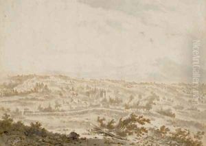 Un paysage avec un chateau, des maisons, une montagne à l'arriere-plan by Frederick De Moucheron