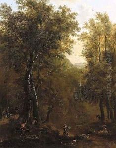 A stag hunt in a wood by a country mansion by Frederick De Moucheron