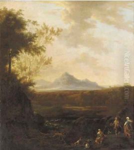An extensive river landscape with a goatherd playing a pipe and two peasants dancing