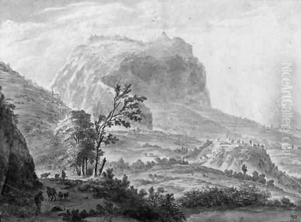 An Italianate landscape with travellers on a road, a village on a hill beyond - view 1