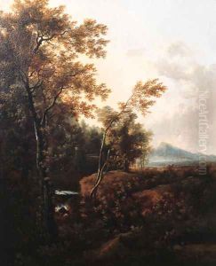 Birch Trees by a torrent in an Italianate landscape by Frederick De Moucheron