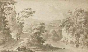 Travellers in an extensive landscape by Frederick De Moucheron