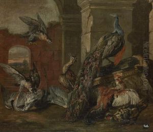 Falcons, A Crane, A Peacock And Other Birds In A Classical Ruin