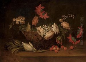 Roses, Carnations, Peonies And
Other Flowers In A Basket, With Parsley, Tulips And Cherries On A Stone
Ledge by Jan Fyt