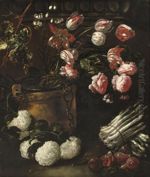 Tulips, Roses And Other Flowers In A Copper Bucket With Asparagus And Figs - view 1