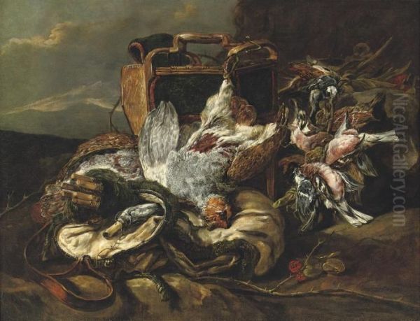 Game Including A Partridge,
Finches And Sparrows With Huntingequipment In A Rocky Landscape - view 1