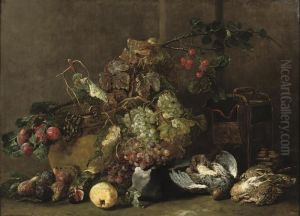 Mixed Grapes, Cherries And Plums
 By A Cauldron With Figs, An Apple,a Partridge And Four Quails Nearby