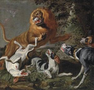 A Lion Attacked By A Pack Of Hounds In A Wooded Landscape