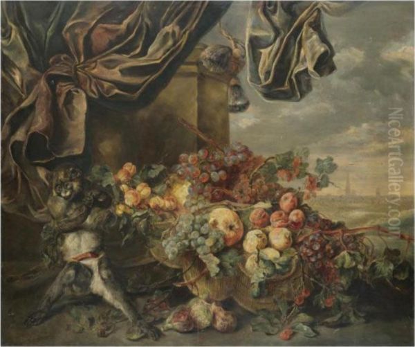 Still Life With Grapes And Peaches In Baskets Together With A Monkey - view 1