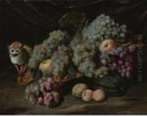 Still Life Of Grapes, Peaches And Other Fruit With A Monkey by Jan Fyt