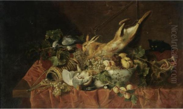 A Still Life With A Hare, A
Partridge, A Bowl Of Fruit, A Boar's Head, A Flagon Of Wine, A Black Cat
And A Grey Parrot, All Arranged On A Table Draped With A Red Cloth by Jan Fyt